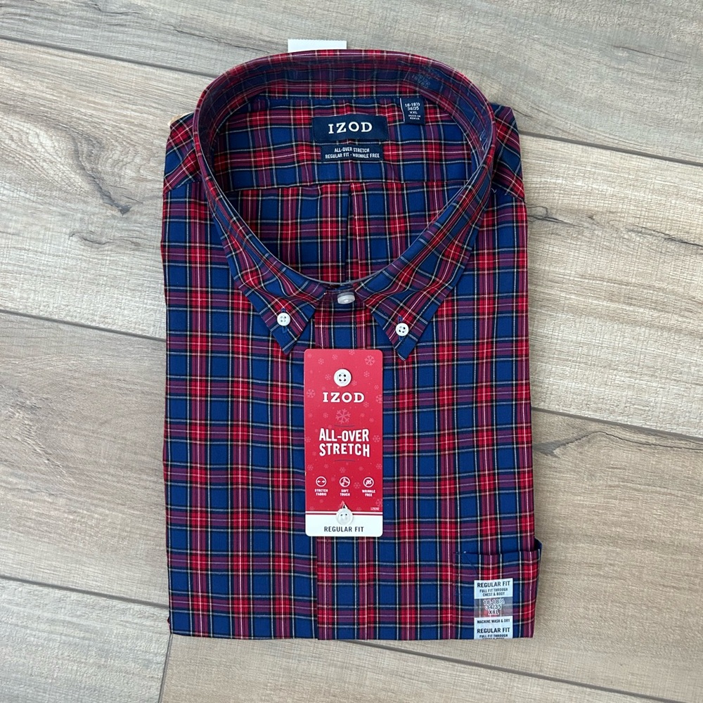 NWT Izod Men's Red and Navy Plaid Button Down Shirt - Size XXL 18-18.5 34/35 - Picture 7 of 12